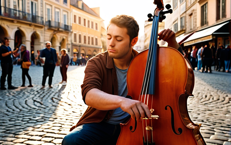 **Prompt 1:** A seasoned street musician playing a soulful cello in a bustling European city square at golden hour. The performer's eyes are closed, deeply connected to their instrument, as light reflects off the ancient cobblestones. A diverse crowd, captivated and momentarily paused from their daily rush, forms an intimate semi-circle, with subtle eye contact between performer and onlookers. The atmosphere is one of shared human connection and quiet awe. High-resolution photography, warm cinematic lighting, shallow depth of field.