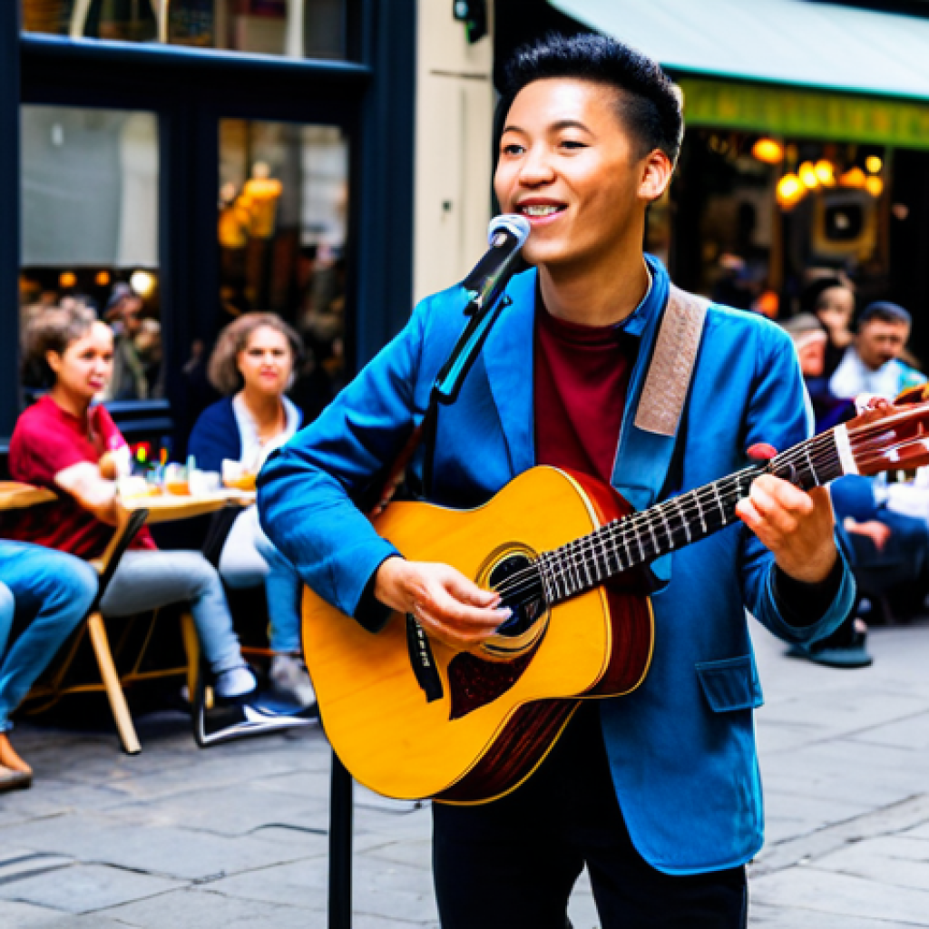 Vibrant Street Performance Scene**
"A bustling street scene featuring a talented guitarist busking for a diverse crowd, fully clothed people are enjoying the music, surrounded by cafes and shops, appropriate attire, safe for work, vibrant colors, perfect anatomy, natural proportions, professional photography, high quality, modest clothing, family-friendly."
**