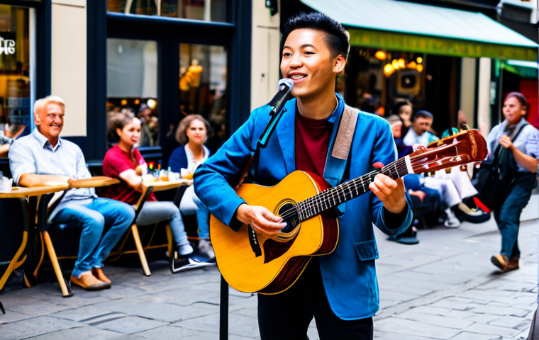 Vibrant Street Performance Scene**
"A bustling street scene featuring a talented guitarist busking for a diverse crowd, fully clothed people are enjoying the music, surrounded by cafes and shops, appropriate attire, safe for work, vibrant colors, perfect anatomy, natural proportions, professional photography, high quality, modest clothing, family-friendly."
**