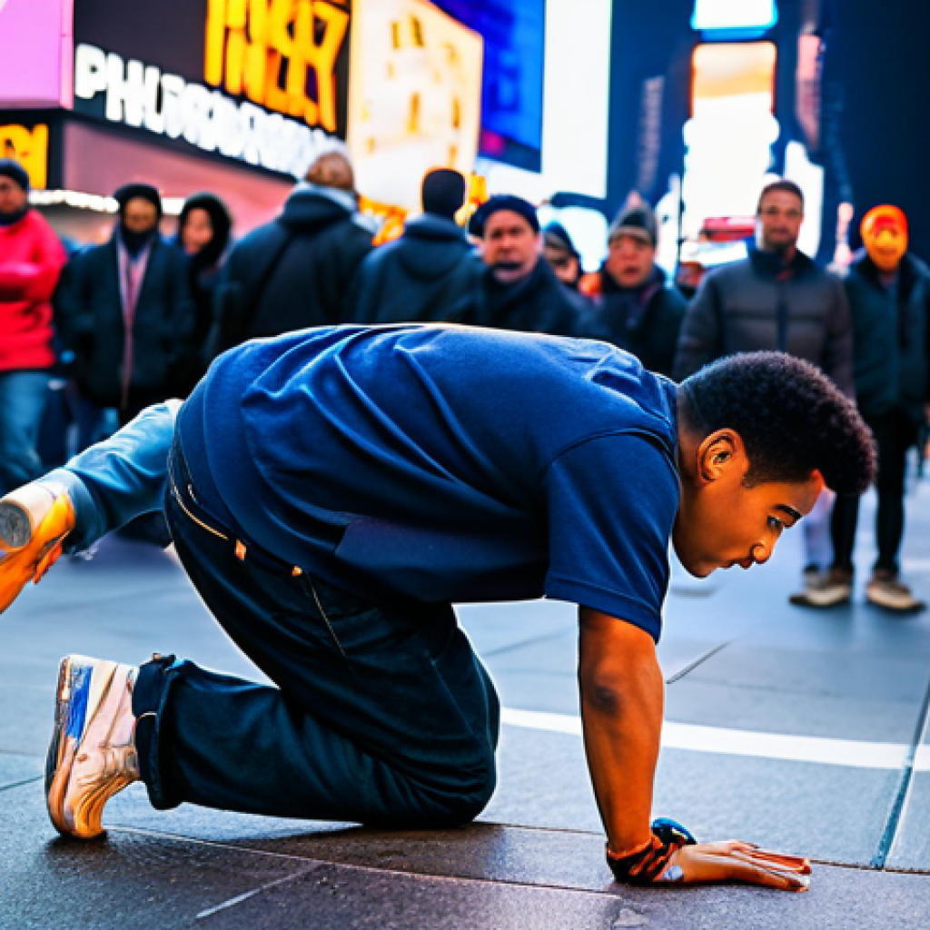 Capturing a Breakdancer**
"A street photographer capturing a breakdancer in Times Square, New York City. The breakdancer is in mid-air, performing a dynamic move. The photographer, fully clothed in casual attire, is kneeling, focusing intently. Background includes blurred crowd and bright city lights. Safe for work, appropriate content, perfect anatomy, natural proportions, professional photography, high quality, fully clothed, family-friendly."
**