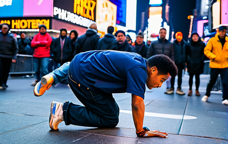 Capturing a Breakdancer**
"A street photographer capturing a breakdancer in Times Square, New York City. The breakdancer is in mid-air, performing a dynamic move. The photographer, fully clothed in casual attire, is kneeling, focusing intently. Background includes blurred crowd and bright city lights. Safe for work, appropriate content, perfect anatomy, natural proportions, professional photography, high quality, fully clothed, family-friendly."
**