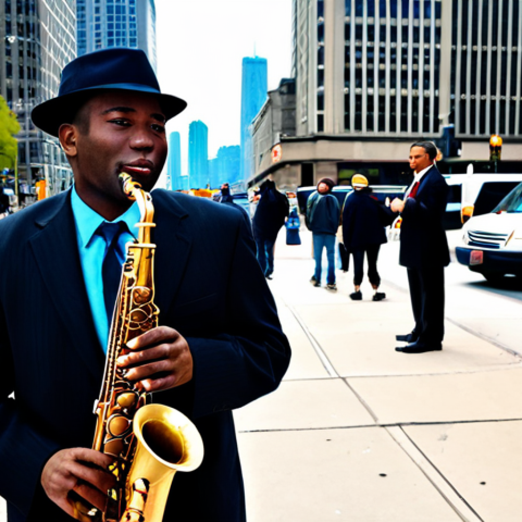 Jazz Saxophonist in Chicago**
"A fully clothed jazz saxophonist playing on a street corner outside a busy train station in Chicago. He is wearing professional attire and his saxophone is gleaming. People are pausing to listen, their faces showing enjoyment. The background features the Chicago skyline and bustling pedestrians. Safe for work, appropriate content, perfect anatomy, natural pose, high quality, professional photography, well-formed hands, proper finger count, modest clothing."
**