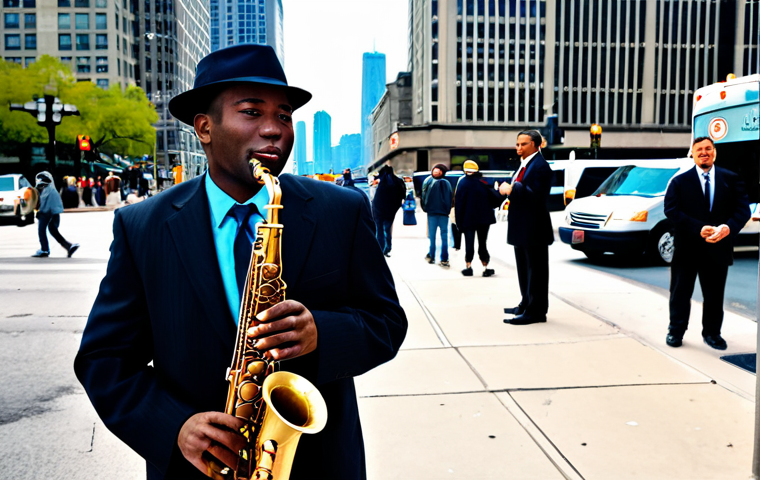 Jazz Saxophonist in Chicago**
"A fully clothed jazz saxophonist playing on a street corner outside a busy train station in Chicago. He is wearing professional attire and his saxophone is gleaming. People are pausing to listen, their faces showing enjoyment. The background features the Chicago skyline and bustling pedestrians. Safe for work, appropriate content, perfect anatomy, natural pose, high quality, professional photography, well-formed hands, proper finger count, modest clothing."
**