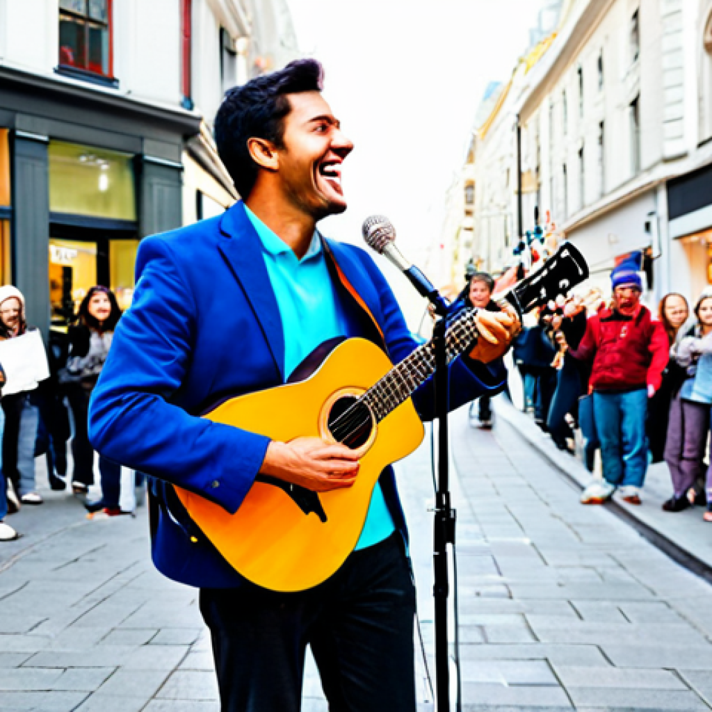 Busker Performing on a Busy Street**
"A fully clothed, professional street performer with a guitar and microphone, singing energetically on a vibrant city street corner, appropriate attire, safe for work. The performer is surrounded by a diverse crowd of people, some smiling and watching, with a tip jar at their feet. Background includes shops, pedestrians, and city buildings. perfect anatomy, correct proportions, well-formed hands, proper finger count, natural body proportions, professional photography, high quality, modest clothing, family-friendly scene."
**