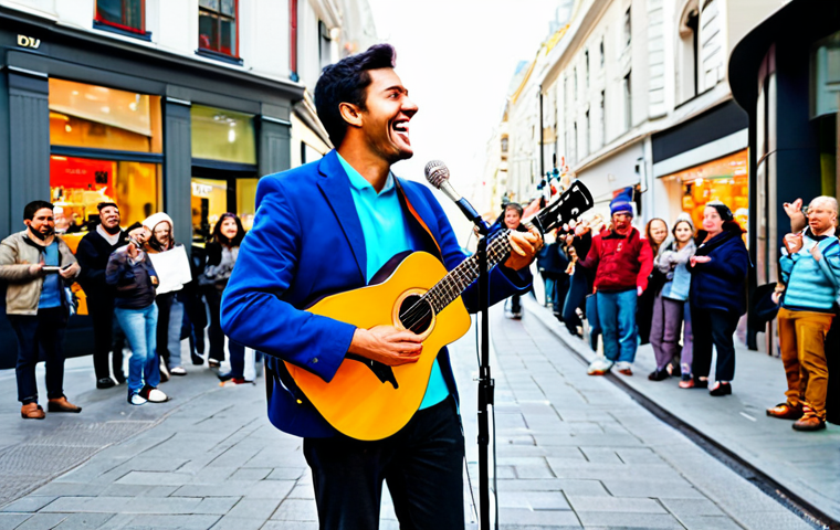 Busker Performing on a Busy Street**
"A fully clothed, professional street performer with a guitar and microphone, singing energetically on a vibrant city street corner, appropriate attire, safe for work. The performer is surrounded by a diverse crowd of people, some smiling and watching, with a tip jar at their feet. Background includes shops, pedestrians, and city buildings. perfect anatomy, correct proportions, well-formed hands, proper finger count, natural body proportions, professional photography, high quality, modest clothing, family-friendly scene."
**