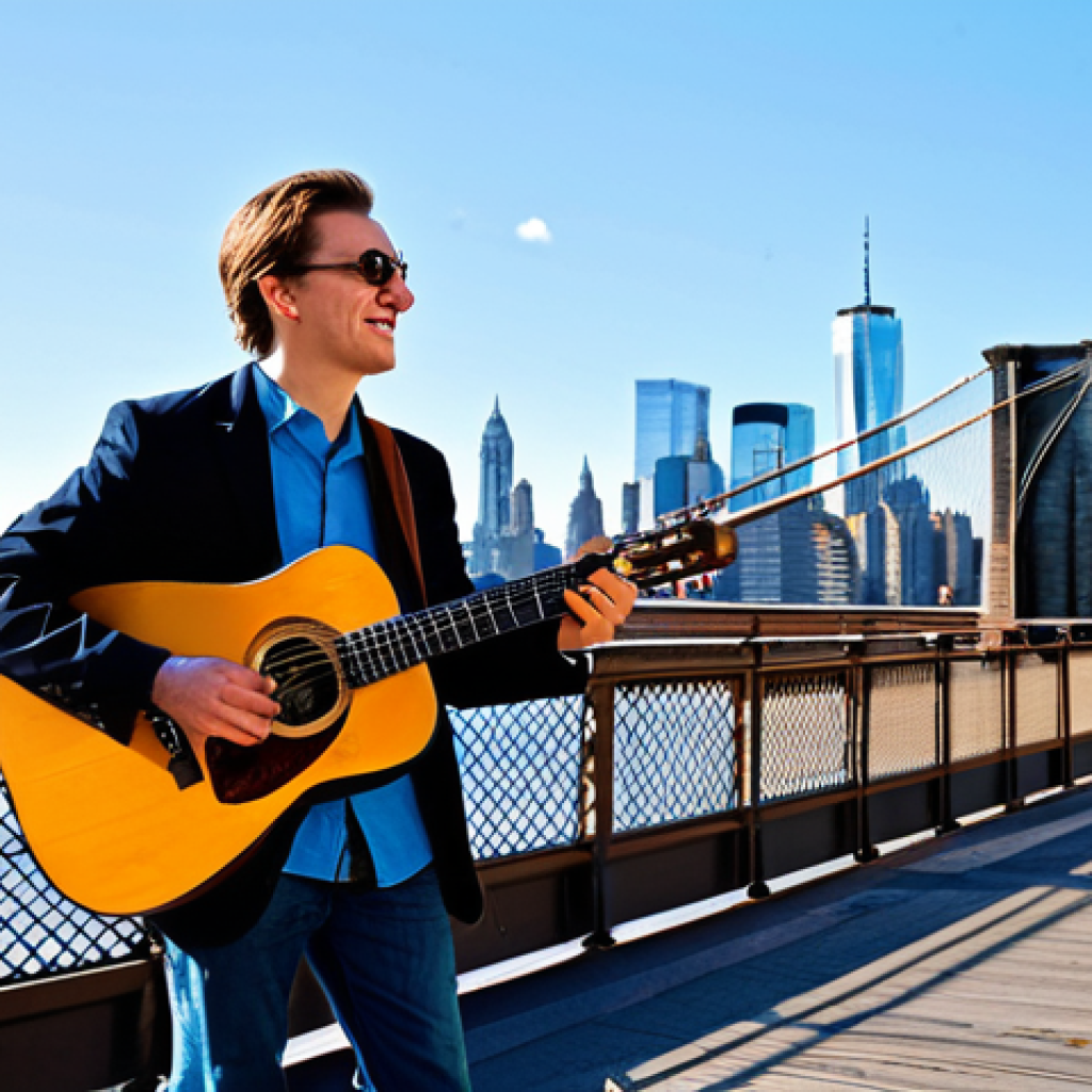 거리공연 장소 추천 - Brooklyn Bridge Performance**
"A street musician playing an acoustic guitar on the Brooklyn Bridge ...