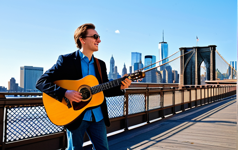 거리공연 장소 추천 - Brooklyn Bridge Performance**
"A street musician playing an acoustic guitar on the Brooklyn Bridge ...