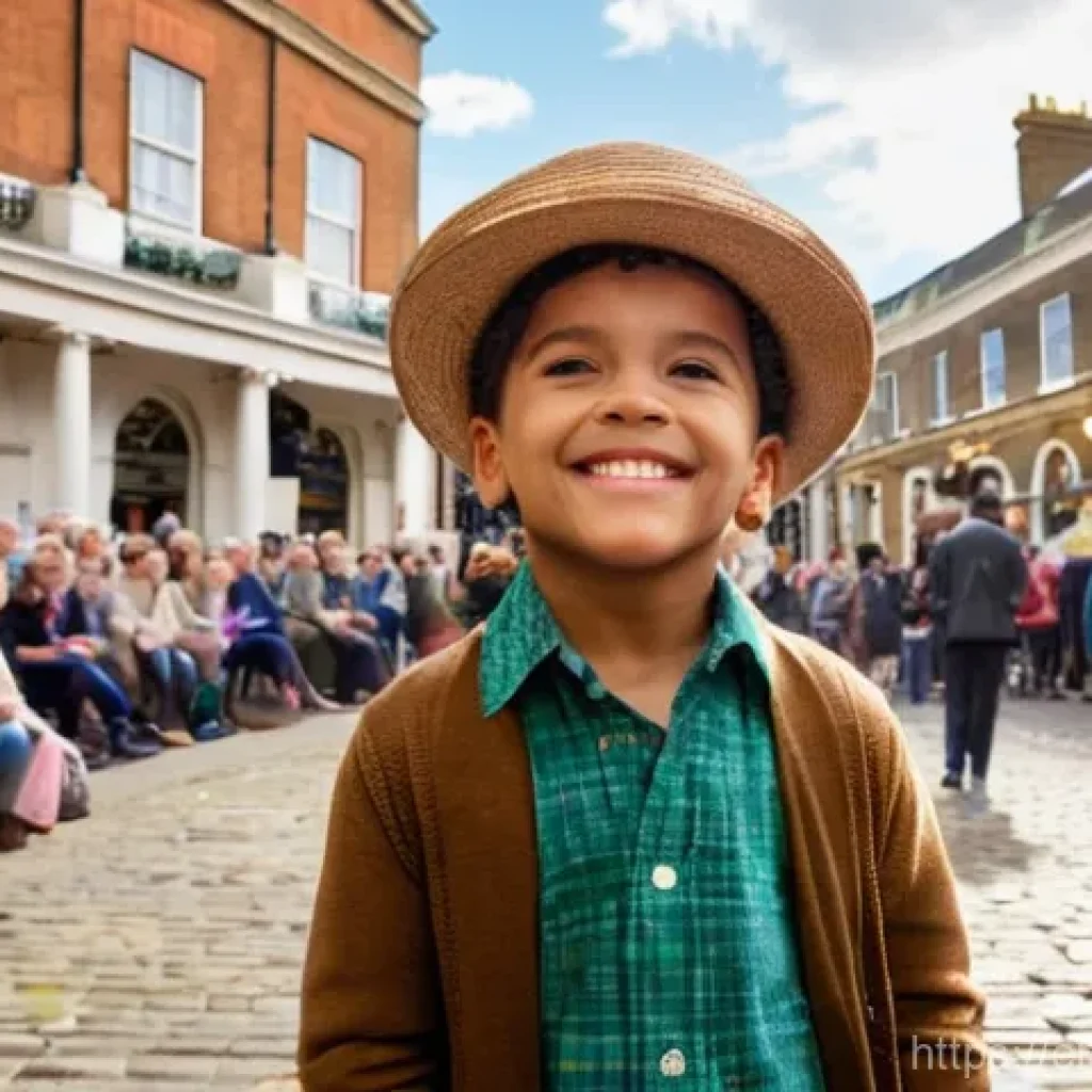 거리공연의 연령대별 접근 방법 - **Prompt:** A vibrant, sunlit scene in London's Covent Garden Piazza, bustling with diverse crowds. ...