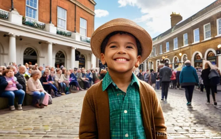 거리공연의 연령대별 접근 방법 - **Prompt:** A vibrant, sunlit scene in London's Covent Garden Piazza, bustling with diverse crowds. ...