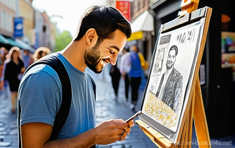 거리공연의 창작 과정 - **Prompt 1: The Charismatic Musician's First Impression**
    "A vibrant, dynamic full-body shot of ...