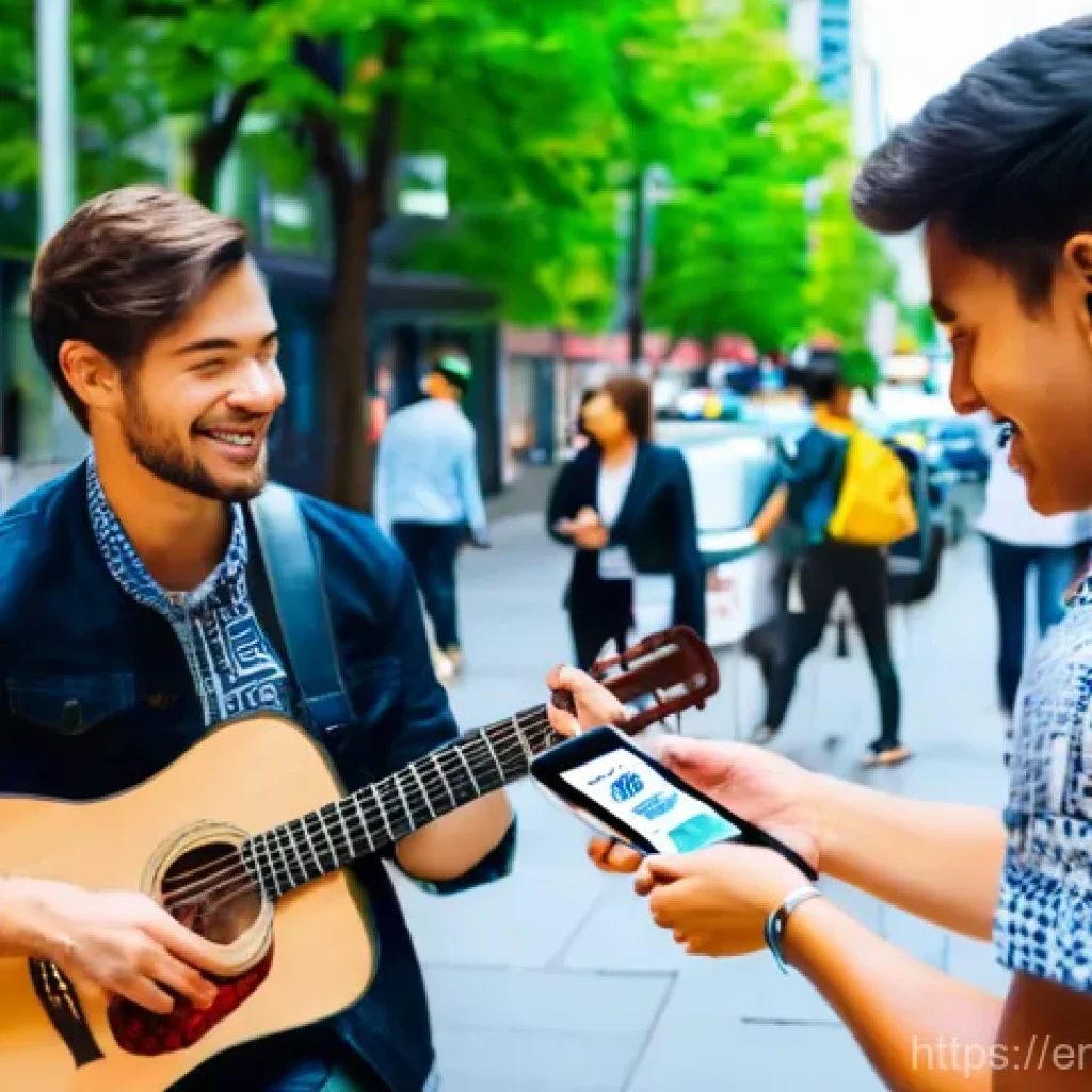 거리공연 프로모션 전략 - A vibrant street musician, casually dressed in stylish, comfortable clothing (e.g., a patterned shir...
