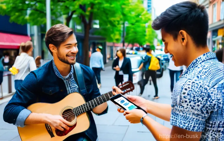 거리공연 프로모션 전략 - A vibrant street musician, casually dressed in stylish, comfortable clothing (e.g., a patterned shir...