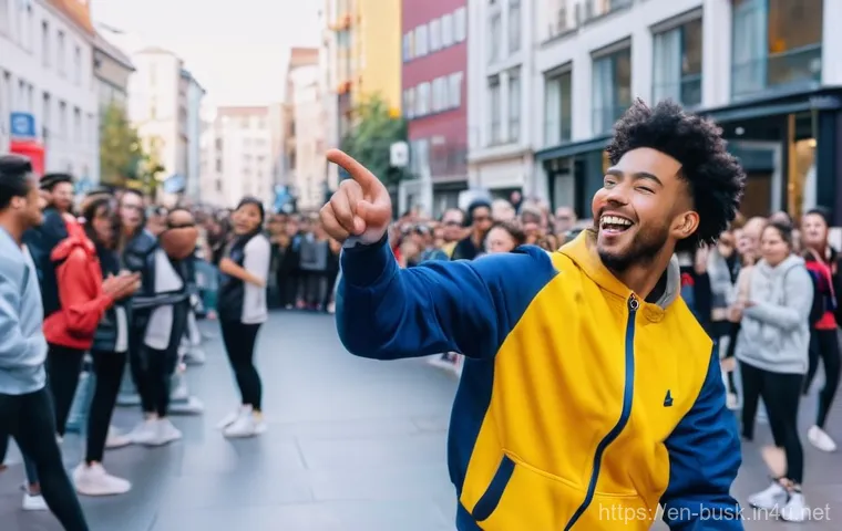 거리공연 프로모션 전략 - A vibrant street musician, casually dressed in stylish, comfortable clothing (e.g., a patterned shir...