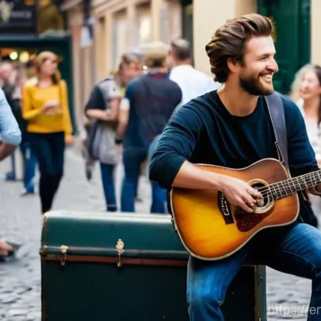 거리공연 관련 브랜드 협찬 - **Prompt:** A bustling, vibrant street scene in a major European city like London's Covent Garden or...