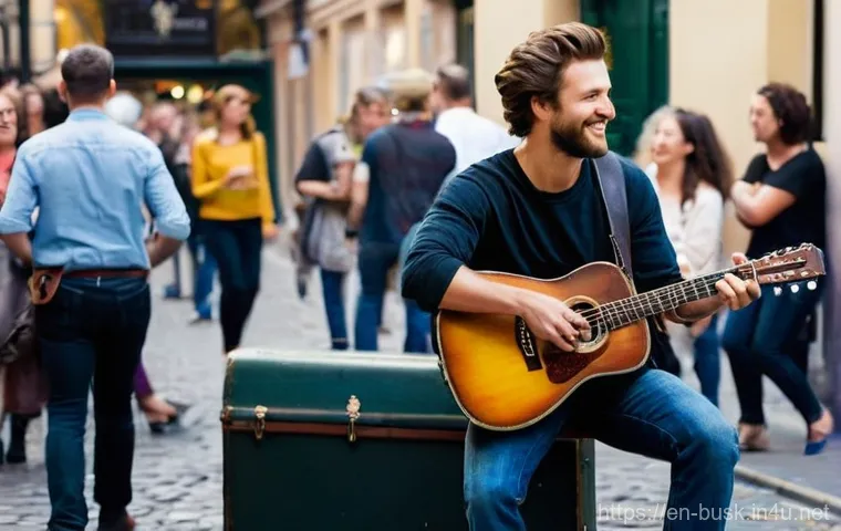 거리공연 관련 브랜드 협찬 - **Prompt:** A bustling, vibrant street scene in a major European city like London's Covent Garden or...