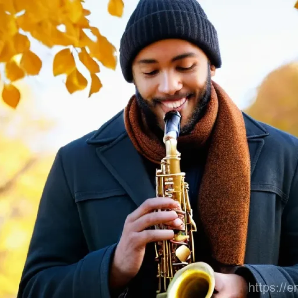 거리공연과 퍼포먼스 아트 - **Urban Serenade in Autumn:** A skilled male saxophonist, dressed in a stylish autumnal jacket over ...