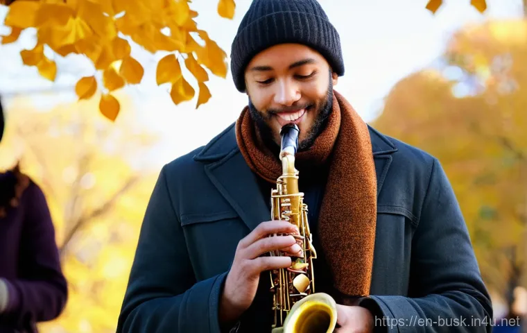 거리공연과 퍼포먼스 아트 - **Urban Serenade in Autumn:** A skilled male saxophonist, dressed in a stylish autumnal jacket over ...