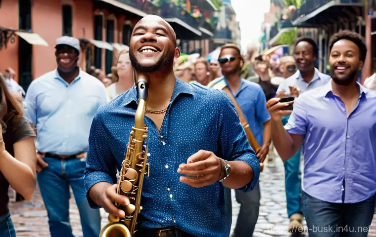 거리공연과 비주얼 아트 - **Prompt 1: The Soulful Saxophonist of the French Quarter**
"A vibrant, high-energy photograph ...