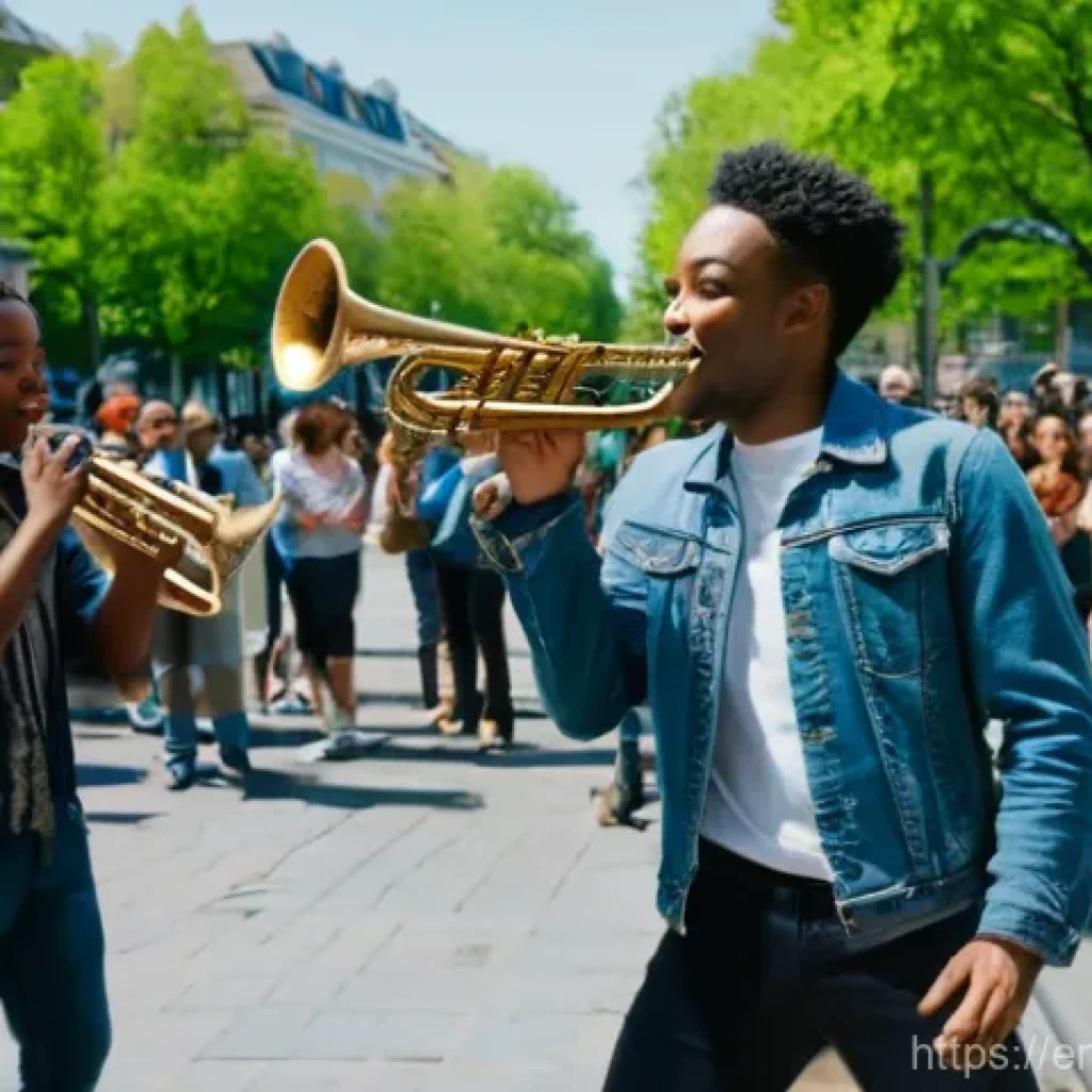 거리공연과 다른 공연 형식 비교 - **Prompt:** A vibrant street jazz saxophonist performing with raw energy in a bustling, sun-drenched...