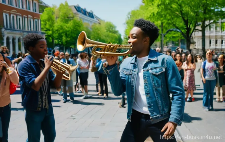 거리공연과 다른 공연 형식 비교 - **Prompt:** A vibrant street jazz saxophonist performing with raw energy in a bustling, sun-drenched...