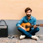 Home 6 거리공연과 환경 보호 - **Prompt:** A solo male street guitarist in his late 20s, with a short, neat beard and friendly eyes...