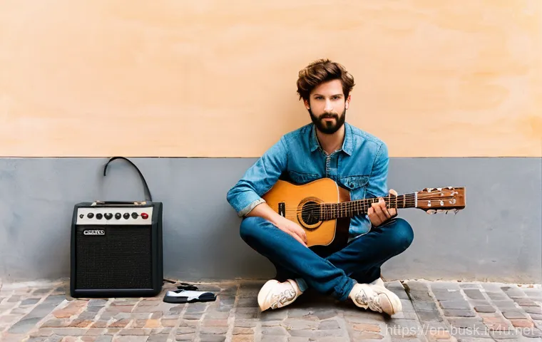 거리공연과 환경 보호 - **Prompt:** A solo male street guitarist in his late 20s, with a short, neat beard and friendly eyes...