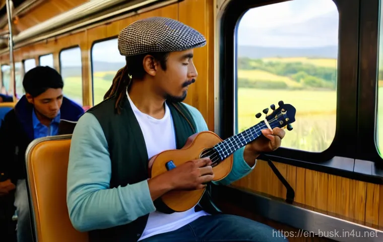 거리공연과 환경 보호 - **Prompt:** A solo male street guitarist in his late 20s, with a short, neat beard and friendly eyes...