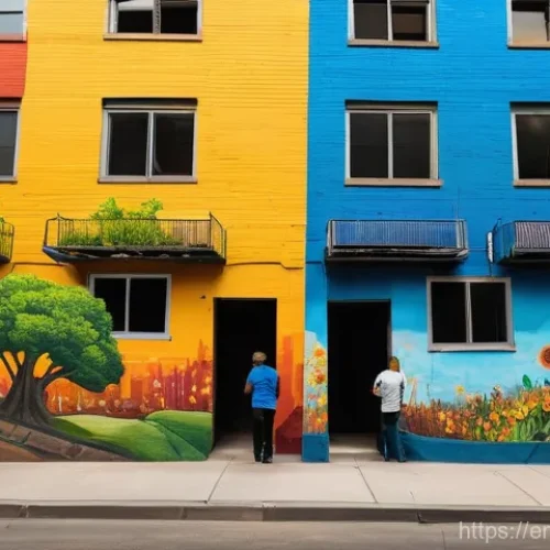 Home 17 거리공연으로 사회적 문제 다루기 - **Prompt Title: "Urban Canvas of Hope"**
A vibrant, large-scale mural painted on the side of a d...