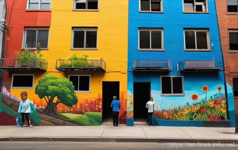 거리공연으로 사회적 문제 다루기 - **Prompt Title: "Urban Canvas of Hope"**
    A vibrant, large-scale mural painted on the side of a d...