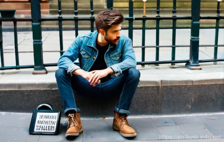 거리공연 관련법 - **Prompt:** A gritty, photo-realistic image of a male street musician in his late 20s, with short, s...