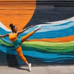 Home 3 거리공연과 시각 예술의 융합 - **Prompt:** A dynamic urban alley scene at midday, where a large, vibrant street mural covers an old...