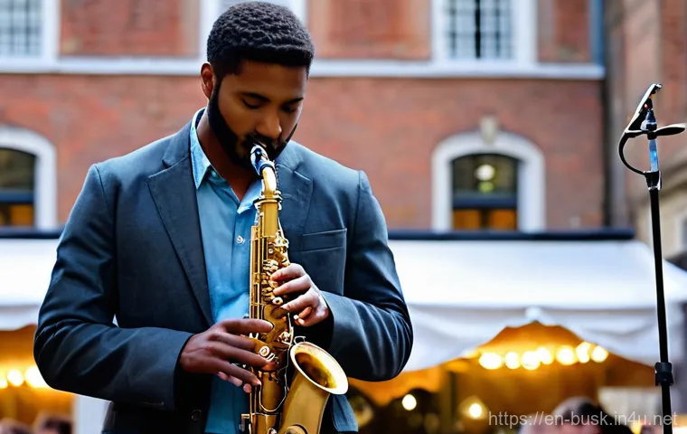 거리공연의 교육적 가치 - **Prompt 1: Resilient Urban Musician**
    A solo male street saxophonist in his late 20s, with a st...