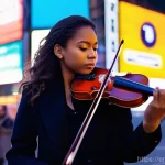 Home 7 거리공연에서의 음악적 요소 - **Urban Serenade Amidst the Rush:** A female violinist, dressed in contemporary and modest street at...