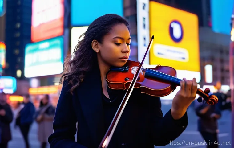 거리공연에서의 음악적 요소 - **Urban Serenade Amidst the Rush:** A female violinist, dressed in contemporary and modest street at...
