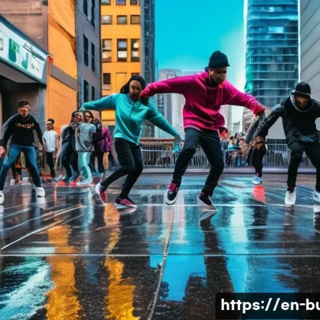 거리공연의 다양한 장르 - A lively urban street scene featuring a diverse dance crew performing dynamic hip-hop and breakdance...