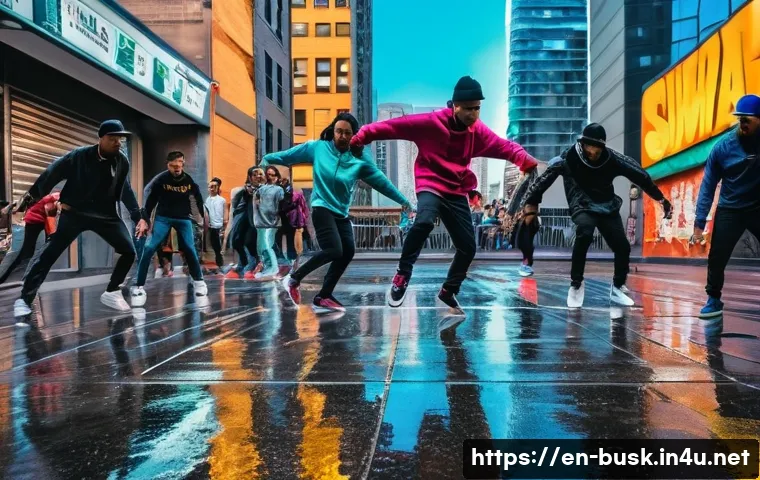 거리공연의 다양한 장르 - A lively urban street scene featuring a diverse dance crew performing dynamic hip-hop and breakdance...