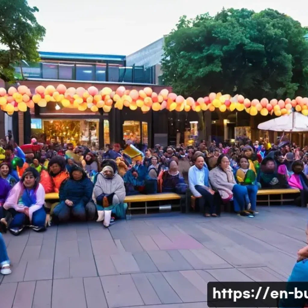 거리공연의 기획 및 실행 - A vibrant street performance scene in a bustling urban plaza during early evening, featuring a diver...
