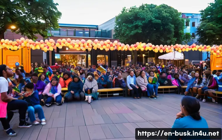 거리공연의 기획 및 실행 - A vibrant street performance scene in a bustling urban plaza during early evening, featuring a diver...