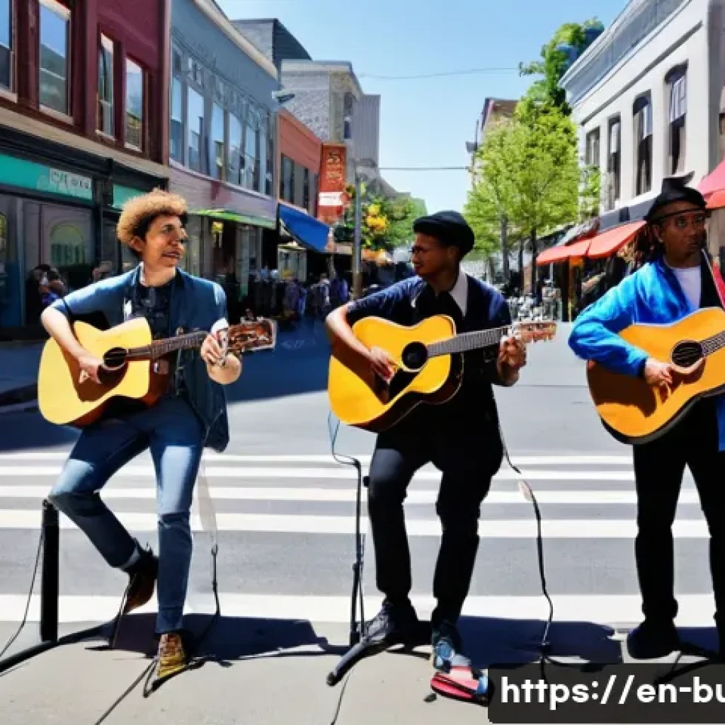 거리공연의 법적 문제와 해결 방법 - A vibrant urban street scene featuring a diverse group of street performers—musicians with acoustic ...