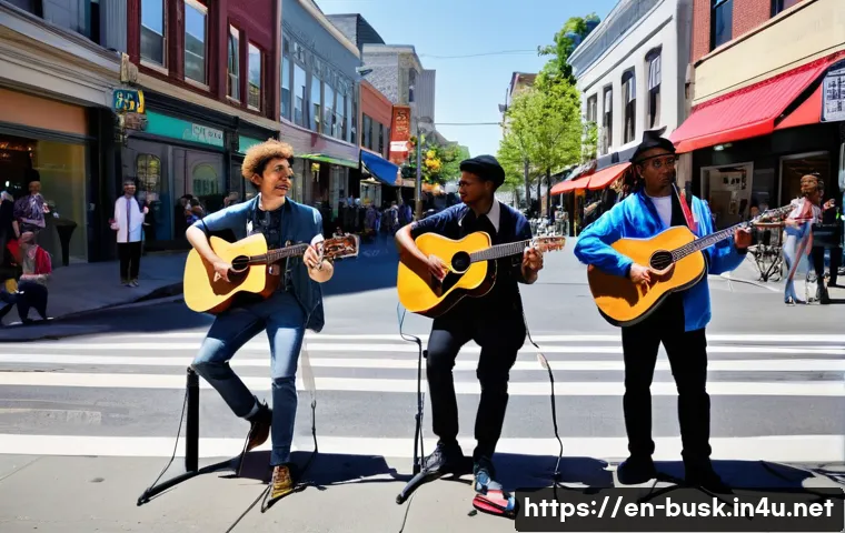 거리공연의 법적 문제와 해결 방법 - A vibrant urban street scene featuring a diverse group of street performers—musicians with acoustic ...
