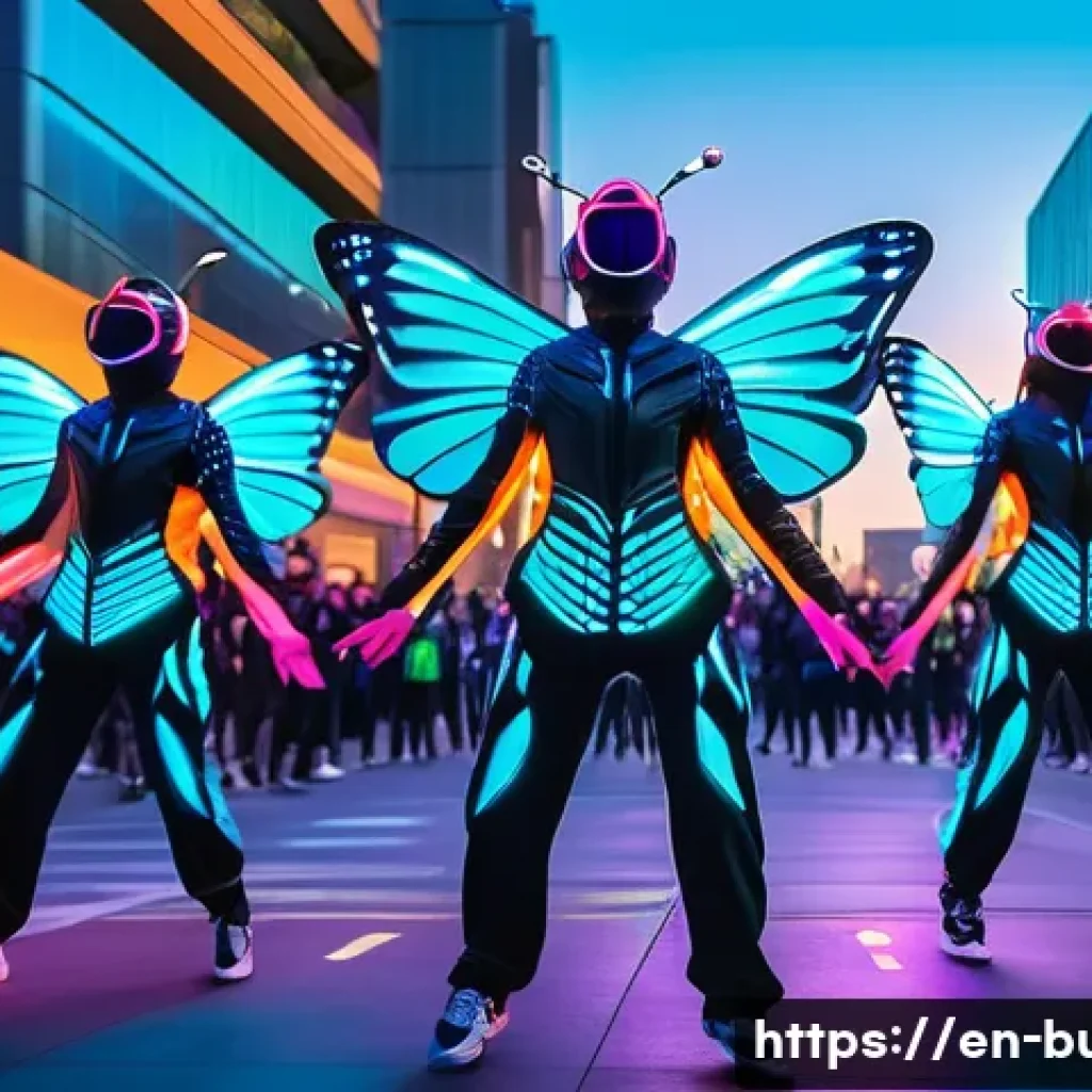 거리공연에서의 새로운 스타일 - A vibrant urban street scene at dusk featuring a dance troupe wearing futuristic LED suits that glow...
