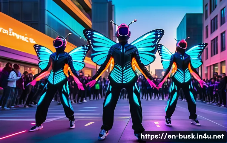 거리공연에서의 새로운 스타일 - A vibrant urban street scene at dusk featuring a dance troupe wearing futuristic LED suits that glow...