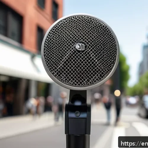 Home 33 거리공연 마이크 및 사운드 시스템 - A dynamic microphone on a sturdy stand set up on a bustling city street corner, surrounded by urban ...