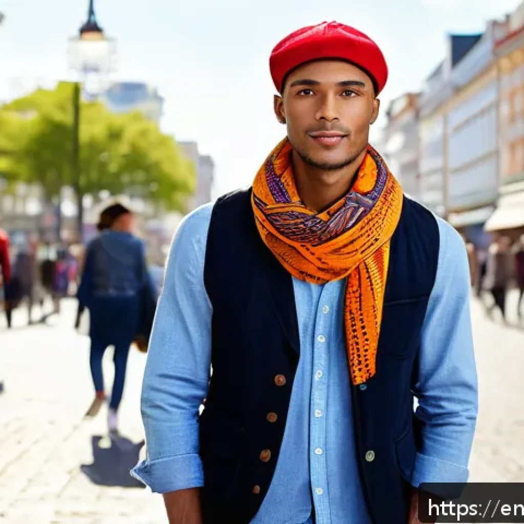 거리공연의 의상 스타일링 - A charismatic street performer standing confidently in a bustling urban city square during daytime, ...