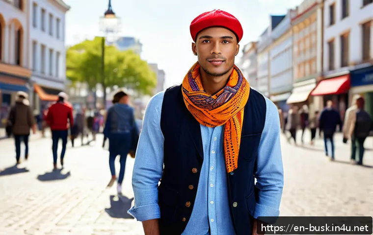 거리공연의 의상 스타일링 - A charismatic street performer standing confidently in a bustling urban city square during daytime, ...