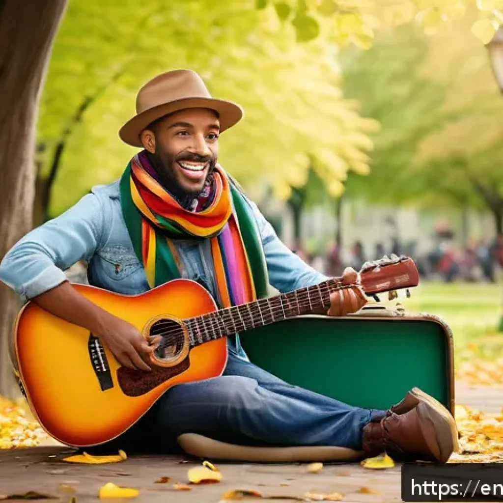 거리공연의 스토리텔링 기법 - A vibrant street performer in a bustling urban park during daytime, wearing a colorful scarf and qui...