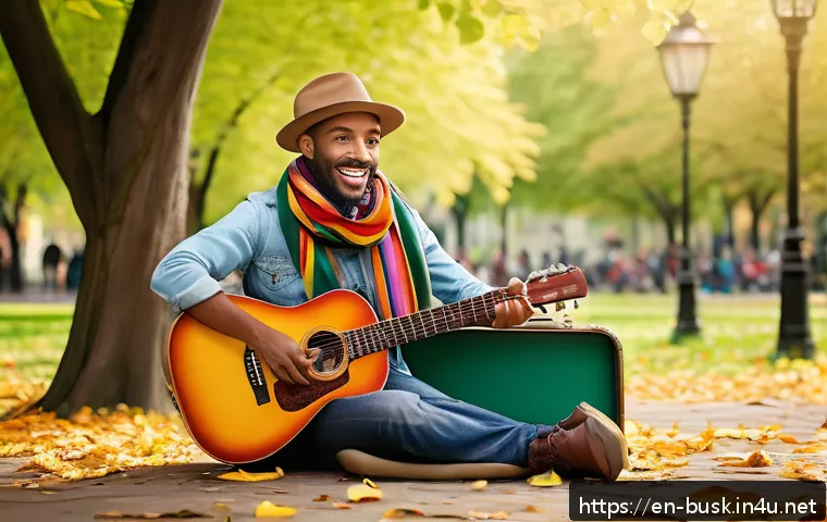 거리공연의 스토리텔링 기법 - A vibrant street performer in a bustling urban park during daytime, wearing a colorful scarf and qui...