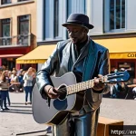 Home 18 거리공연에 대한 대중의 관심 유도 - A vibrant urban street scene at a bustling city square during a sunny afternoon, featuring a diverse...