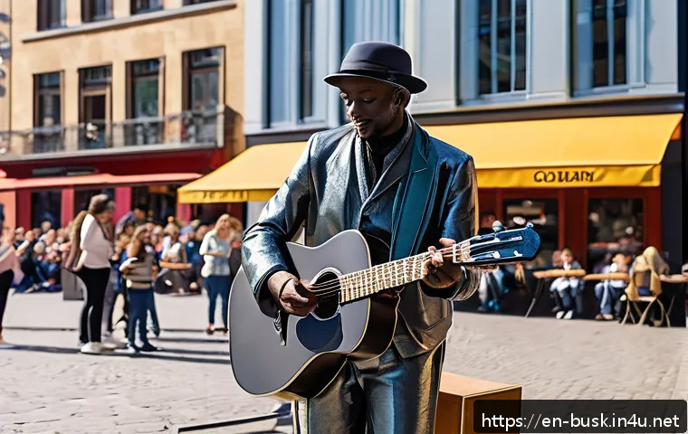 거리공연에 대한 대중의 관심 유도 - A vibrant urban street scene at a bustling city square during a sunny afternoon, featuring a diverse...