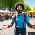 Home 23 거리공연에서의 관객 안전 문제 - A vibrant street performance scene in a sunny urban plaza, featuring a charismatic juggler wearing w...